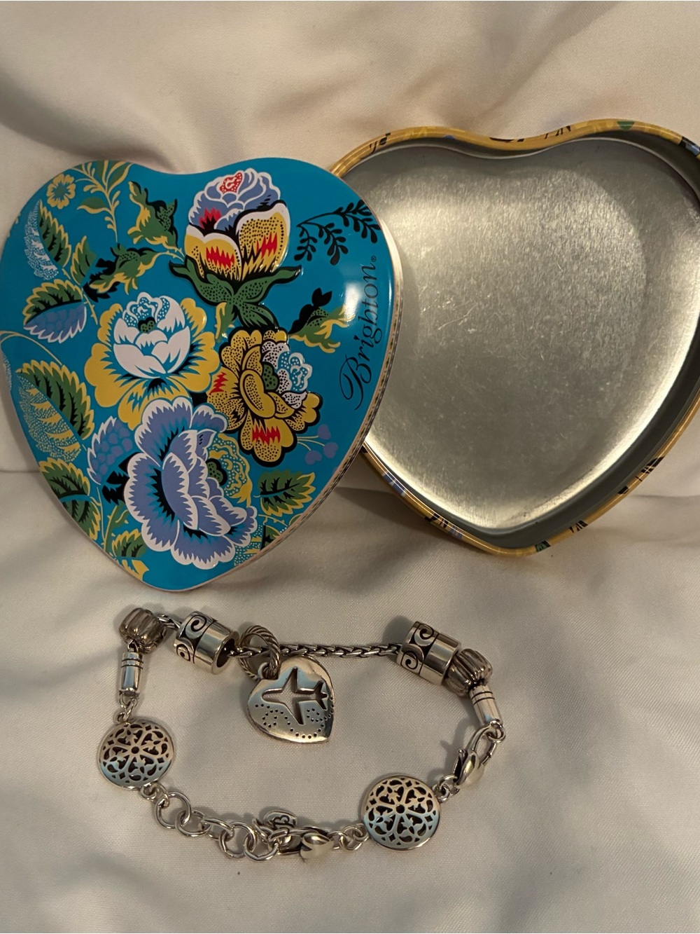 Brighton Silver Tone Charm Bracelet Heart Airplane Charms + Gift Tin